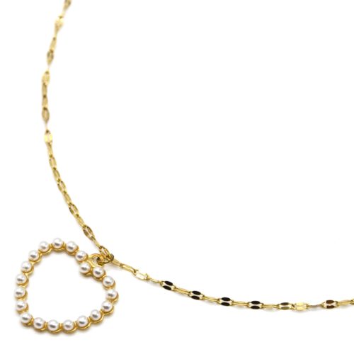 Collier-Chaine-Acier-Dore-Pendentif-Coeur-Contour-Mini-Perles-Ecru
