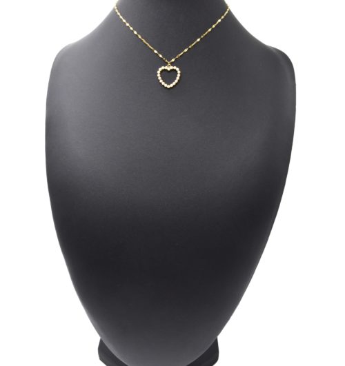 Collier-Chaine-Acier-Dore-Pendentif-Coeur-Contour-Mini-Perles-Ecru