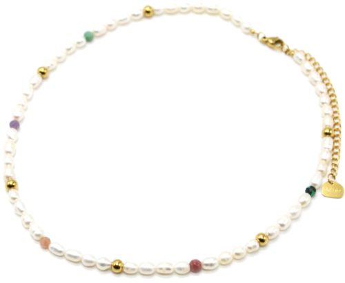 Collier-Perles-dEau-Douce-avec-Pierres-Multicolores-et-Billes-Acier-Dore