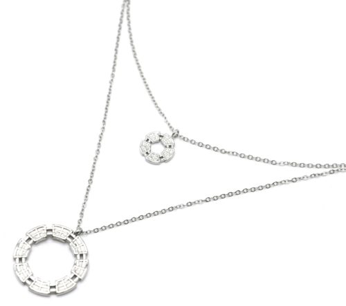 Collier-Double-Chaines-avec-Cercles-Motif-Quadrille-Acier-Argente