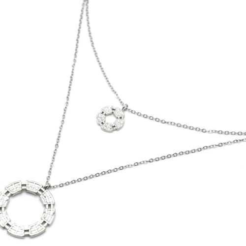 Collier-Double-Chaines-avec-Cercles-Motif-Quadrille-Acier-Argente