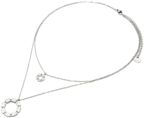 Collier-Double-Chaines-avec-Cercles-Motif-Quadrille-Acier-Argente