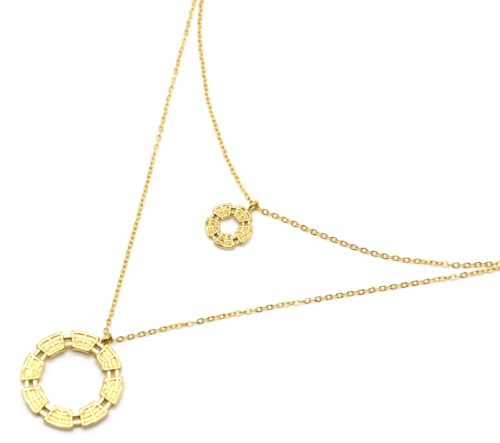 Collier-Double-Chaines-avec-Cercles-Motif-Quadrille-Acier-Dore