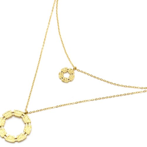 Collier-Double-Chaines-avec-Cercles-Motif-Quadrille-Acier-Dore