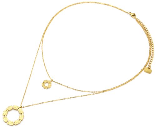 Collier-Double-Chaines-avec-Cercles-Motif-Quadrille-Acier-Dore