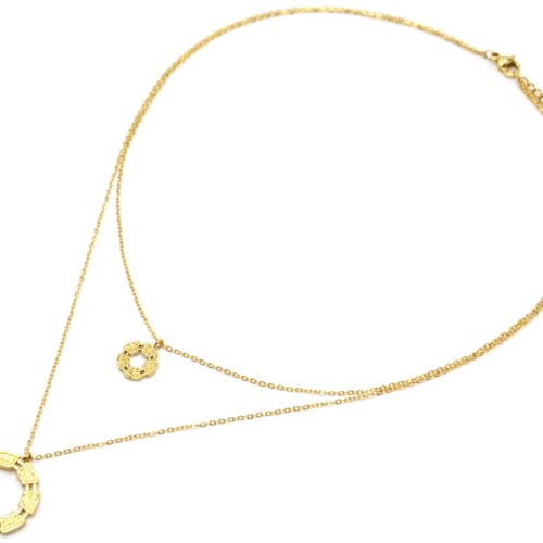 Collier-Double-Chaines-avec-Cercles-Motif-Quadrille-Acier-Dore