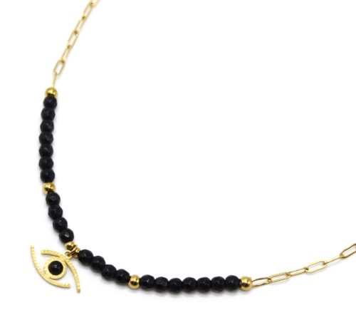 Collier-Chaine-Maillons-et-Pierres-Noires-Pendentif-Oeil-Contour-Acier-Dore