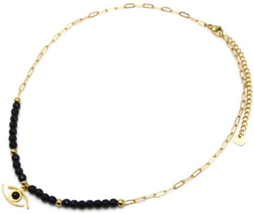 Collier-Chaine-Maillons-et-Pierres-Noires-Pendentif-Oeil-Contour-Acier-Dore