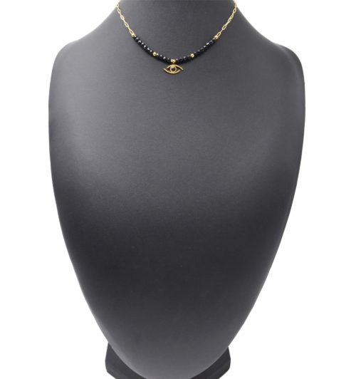 Collier-Chaine-Maillons-et-Pierres-Noires-Pendentif-Oeil-Contour-Acier-Dore