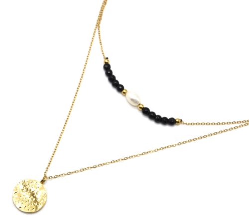 Collier-Double-Chaines-Pierres-Noires-et-Perle-avec-Medaille-Martelee-Acier-Dore