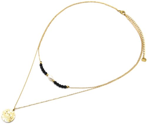 Collier-Double-Chaines-Pierres-Noires-et-Perle-avec-Medaille-Martelee-Acier-Dore