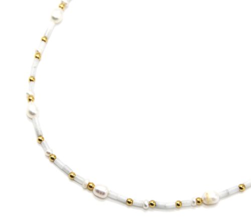 Collier-Perles-de-Rocaille-Tube-Blanches-avec-Billes-Acier-Dore-et-Perles-dEau-Douce