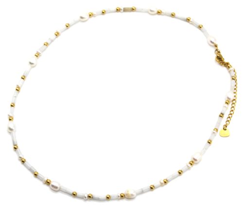 Collier-Perles-de-Rocaille-Tube-Blanches-avec-Billes-Acier-Dore-et-Perles-dEau-Douce