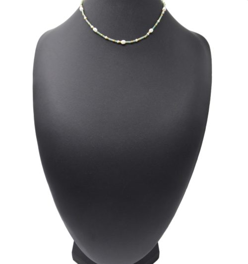 Collier-Perles-de-Rocaille-Tube-Vertes-avec-Billes-Acier-Dore-et-Perles-dEau-Douce