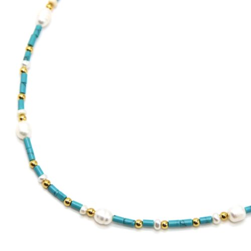 Collier-Perles-de-Rocaille-Tube-Turquoises-avec-Billes-Acier-Dore-et-Perles-dEau-Douce