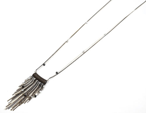 Sautoir-Collier-Pendentif-Tube-avec-Cascade-de-Chaines-et-Perles-Noir-Blanc