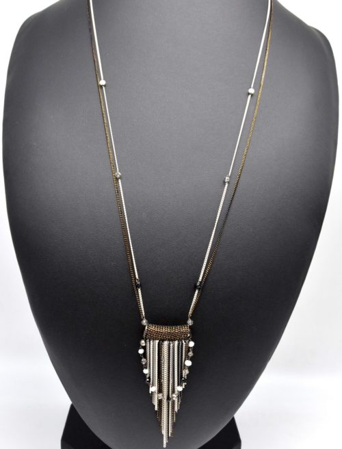 Sautoir-Collier-Pendentif-Tube-avec-Cascade-de-Chaines-et-Perles-Noir-Blanc