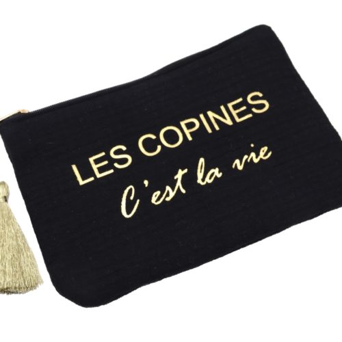 Trousse-Pochette-Coton-Noir-Message-Les-Copines-Cest-La-Vie-Pompon-Dore