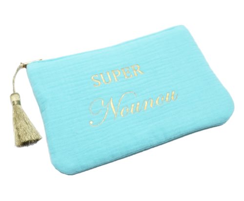 Trousse-Pochette-Coton-Bleu-Turquoise-Message-Super-Nounou-Pompon-Dore