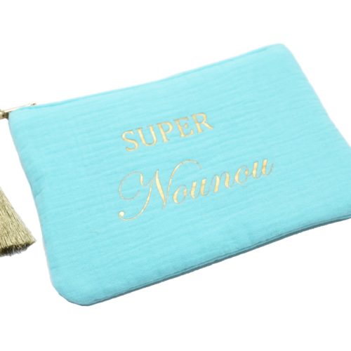 Trousse-Pochette-Coton-Bleu-Turquoise-Message-Super-Nounou-Pompon-Dore