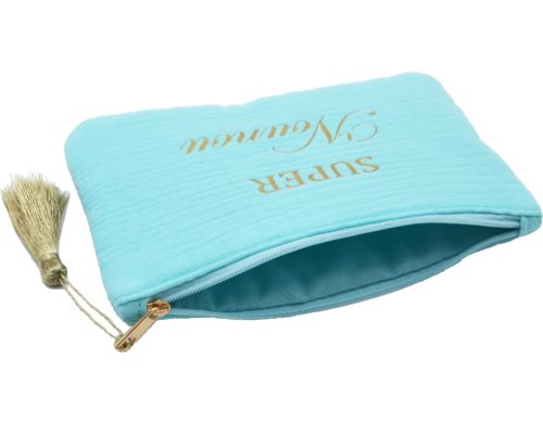 Trousse-Pochette-Coton-Bleu-Turquoise-Message-Super-Nounou-Pompon-Dore