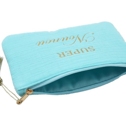 Trousse-Pochette-Coton-Bleu-Turquoise-Message-Super-Nounou-Pompon-Dore