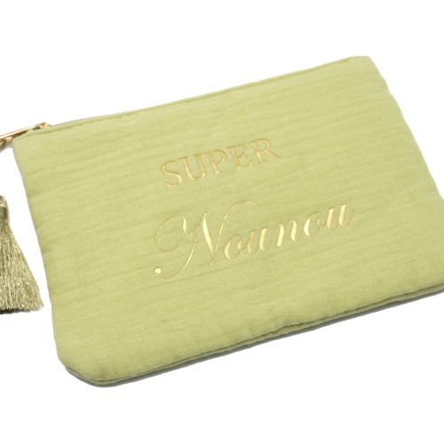 Trousse-Pochette-Coton-Vert-Anis-Message-Super-Nounou-Pompon-Dore