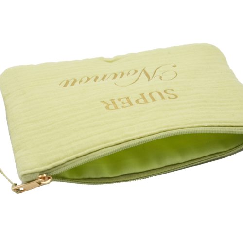 Trousse-Pochette-Coton-Vert-Anis-Message-Super-Nounou-Pompon-Dore