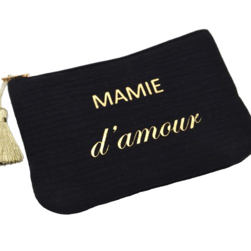 Trousse-Pochette-Coton-Noir-Message-Mamie-dAmour-Pompon-Dore