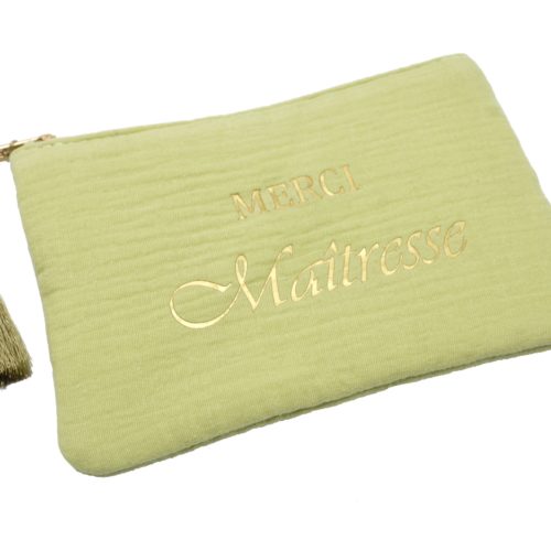 Trousse-Pochette-Coton-Vert-Anis-Message-Merci-Maitresse-Pompon-Dore