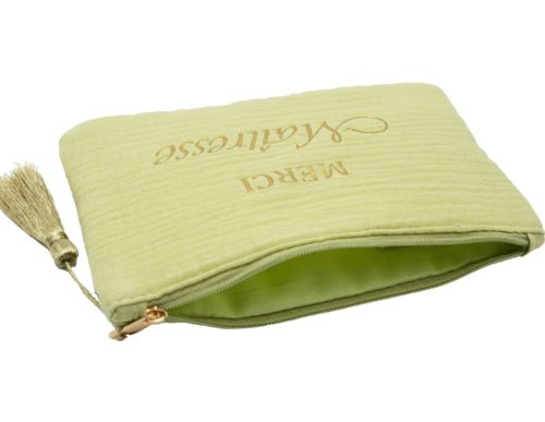 Trousse-Pochette-Coton-Vert-Anis-Message-Merci-Maitresse-Pompon-Dore