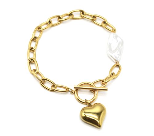 Bracelet-Chaine-Maillons-Perle-Nacre-avec-Cercle-Barre-et-Coeur-Acier-Dore