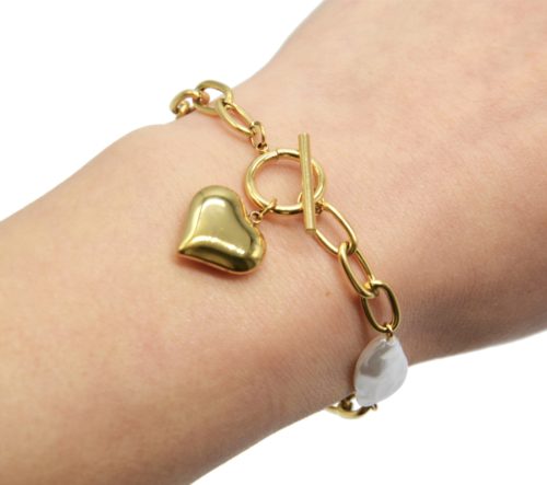 Bracelet-Chaine-Maillons-Perle-Nacre-avec-Cercle-Barre-et-Coeur-Acier-Dore