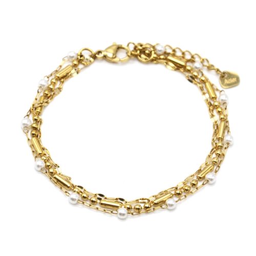 Bracelet-Triple-Chaines-Billes-Tubes-Maillons-Acier-Dore-et-Mini-Perles-Ecru