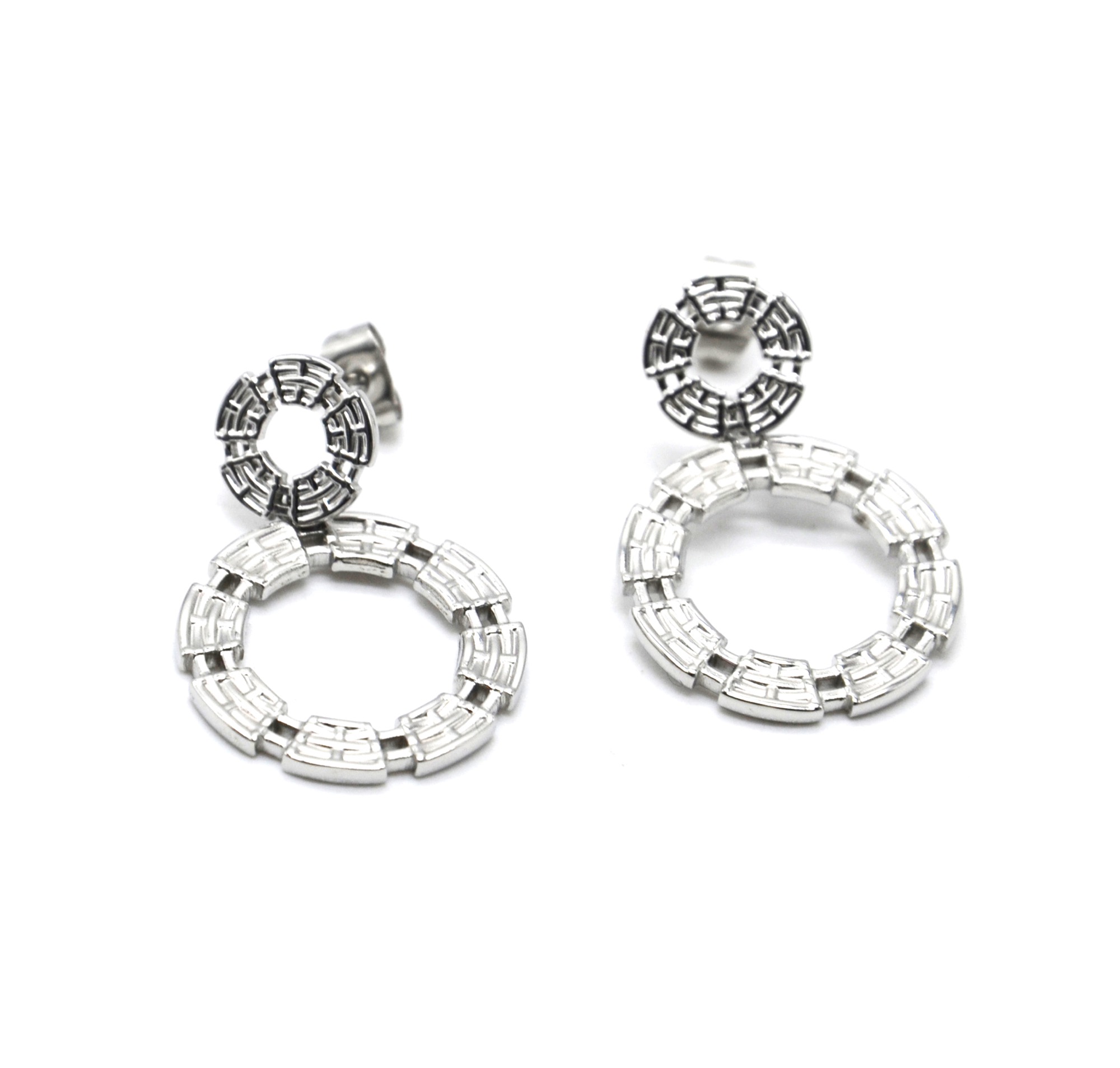 Boucles-dOreilles-Double-Cercles-Contour-Motif-Quadrille-Acier-Argente