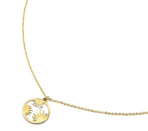 Collier-Fine-Chaine-Pendentif-Cercle-Feuilles-Acier-Dore-et-Nacre