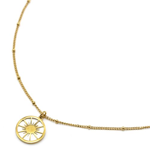 Collier-Chaine-Billes-Pendentif-Cercle-Soleil-Acier-Dore-et-Nacre