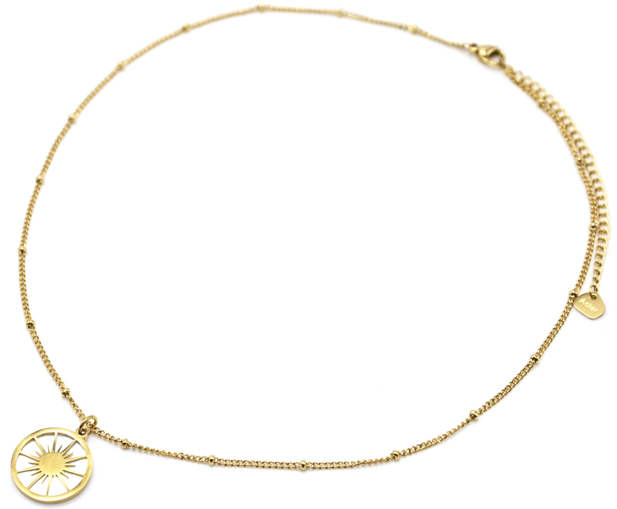 Collier-Chaine-Billes-Pendentif-Cercle-Soleil-Acier-Dore-et-Nacre