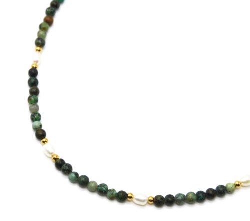 Collier-Billes-Acier-Dore-Perles-dEau-Douce-et-Pierres-Rondes-Vertes
