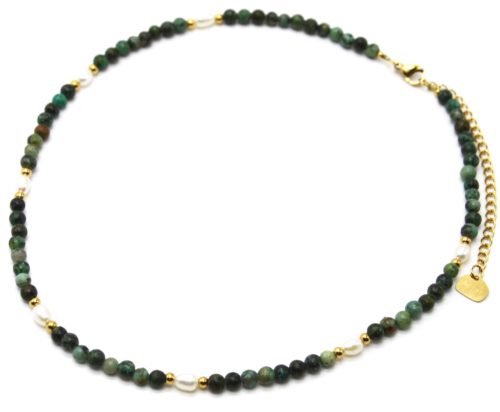Collier-Billes-Acier-Dore-Perles-dEau-Douce-et-Pierres-Rondes-Vertes