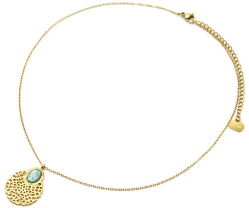 Collier-Fine-Chaine-Pendentif-Medaille-Ajouree-Acier-Dore-et-Pierre-Ovale-Verte