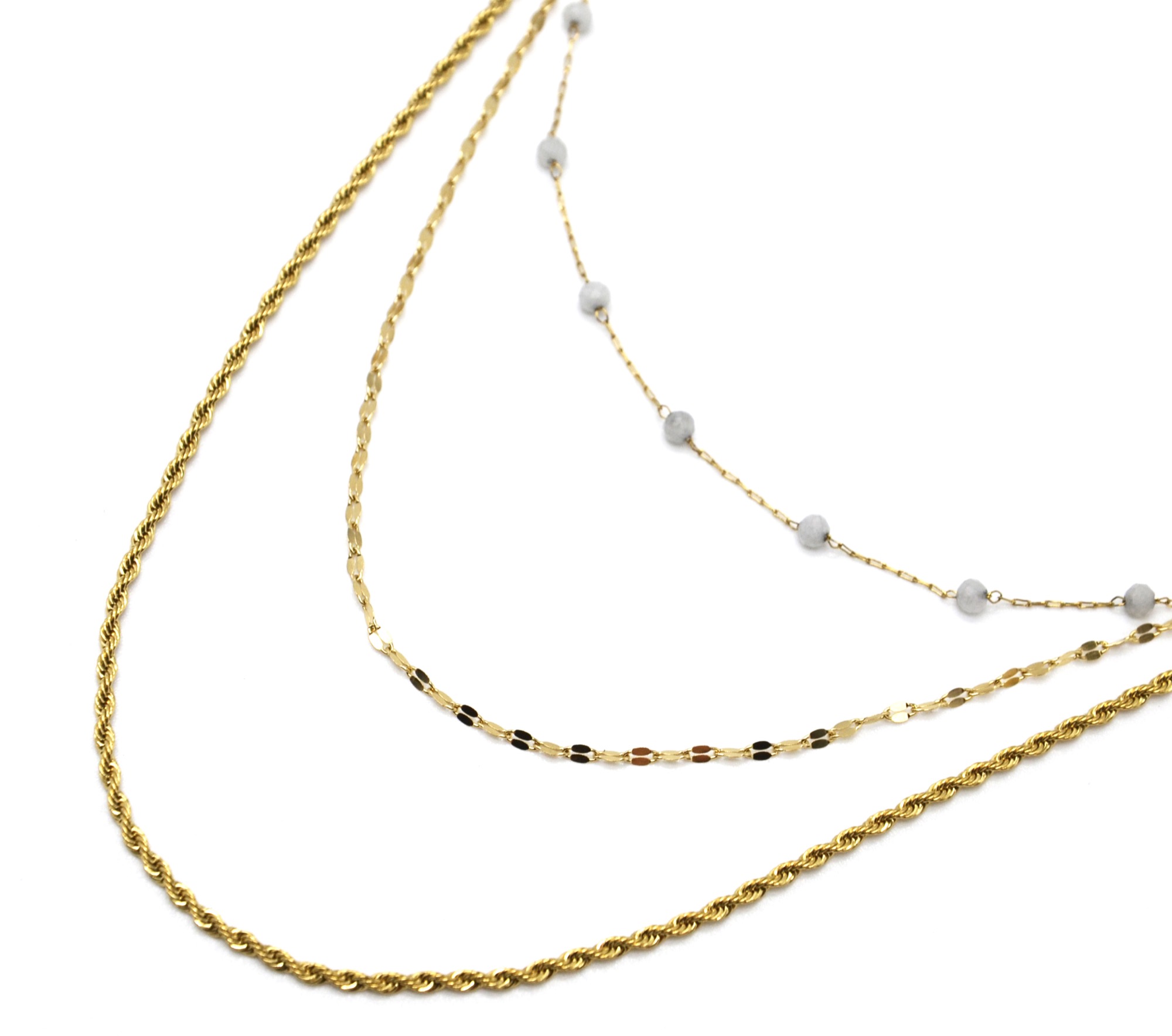 Collier-Triple-Chaines-Torsade-Maillons-Acier-Dore-et-Pierres-Blanches