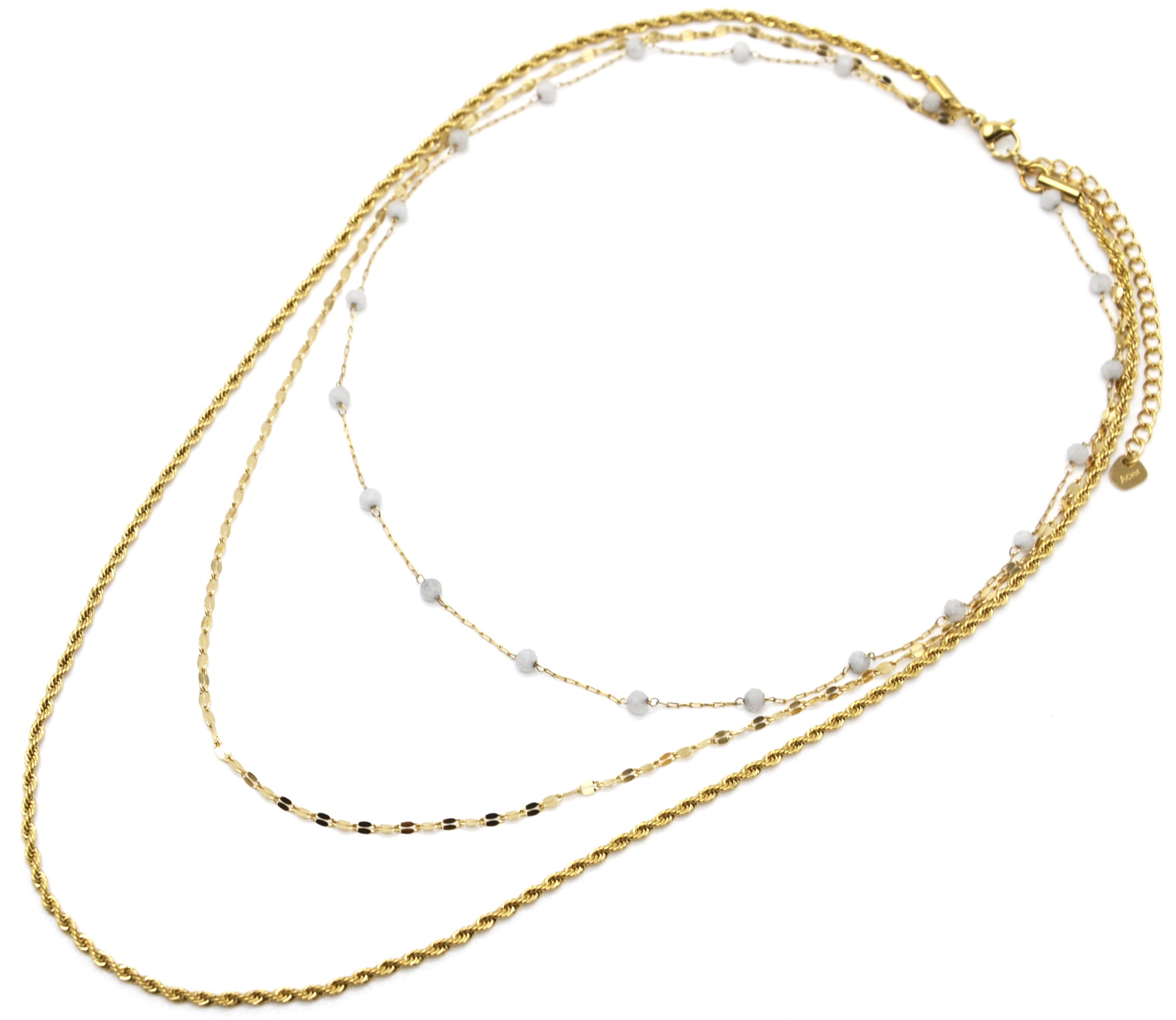 Collier-Triple-Chaines-Torsade-Maillons-Acier-Dore-et-Pierres-Blanches
