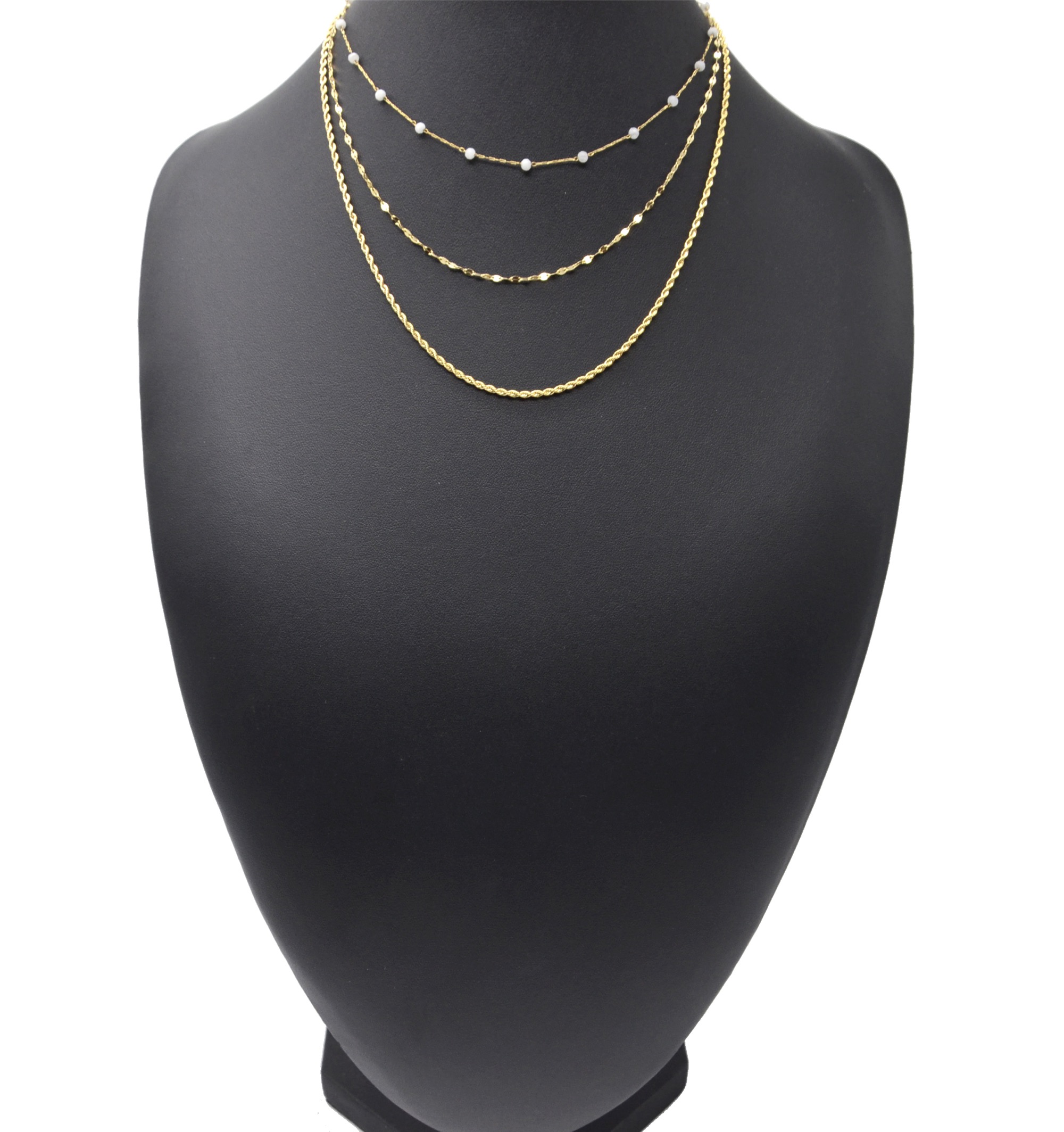 Collier-Triple-Chaines-Torsade-Maillons-Acier-Dore-et-Pierres-Blanches