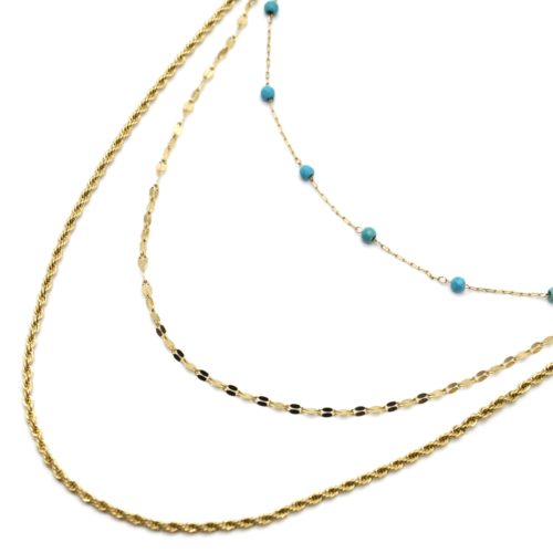 Collier-Triple-Chaines-Torsade-Maillons-Acier-Dore-et-Pierres-Turquoises