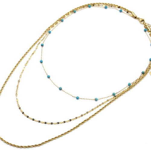 Collier-Triple-Chaines-Torsade-Maillons-Acier-Dore-et-Pierres-Turquoises