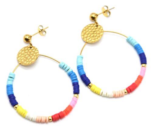 Boucles-dOreilles-Medaille-Martelee-Acier-Dore-et-Anneau-Perles-Multicolores