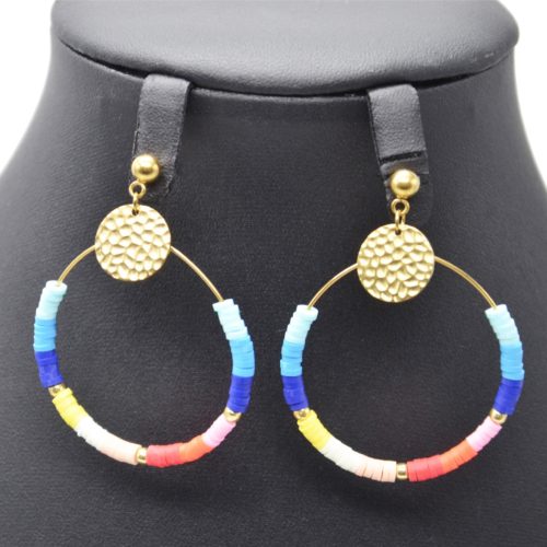 Boucles-dOreilles-Medaille-Martelee-Acier-Dore-et-Anneau-Perles-Multicolores