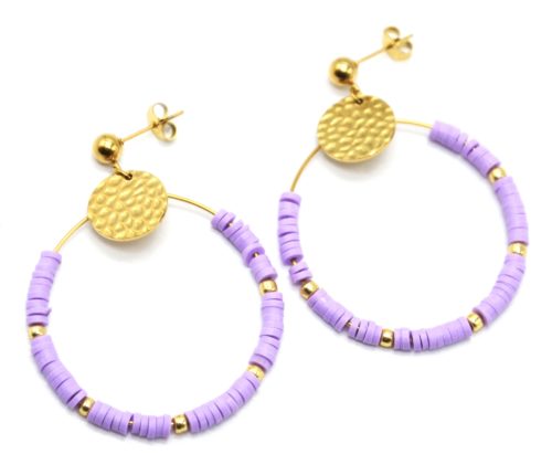 Boucles-dOreilles-Medaille-Martelee-Acier-Dore-et-Anneau-Perles-Lilas