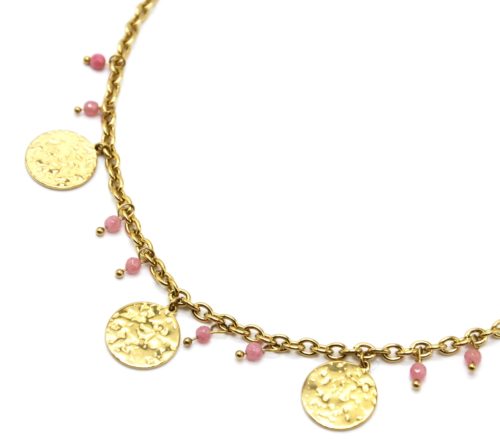 Collier-Chaine-Maillons-avec-3-Medailles-Martelees-Acier-Dore-et-Pierres-Roses